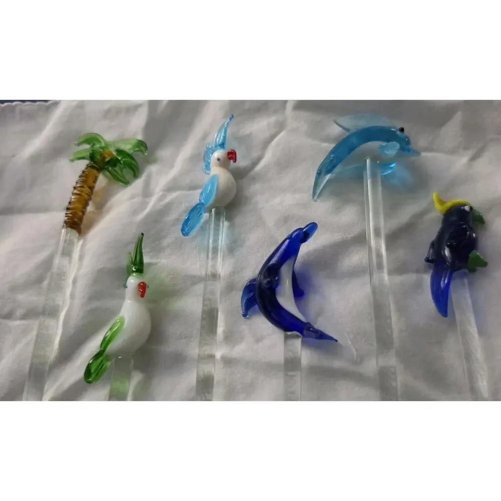 6 Vintage Art Glass Exotic Birds Parrot Palm Tree Dolphin Swizzle Sticks 8